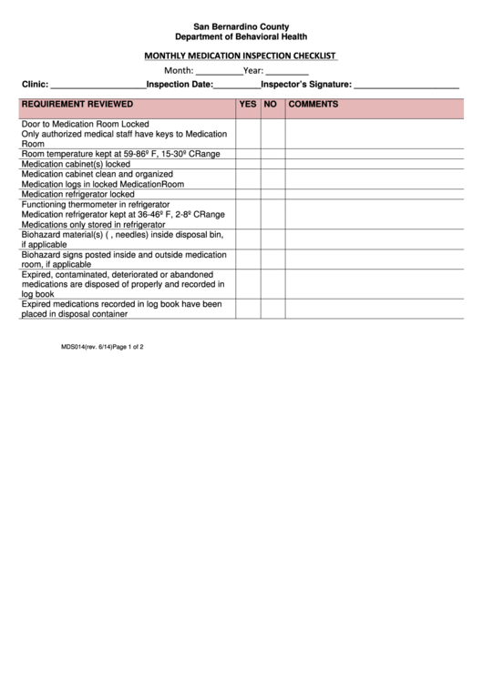 Mds014 - Monthly Medication Inspection Checklist - San Bernardino County Printable pdf