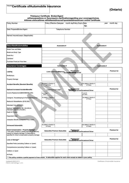 Sample-Certificate Of Automobile Insurance Form (Ontario ...