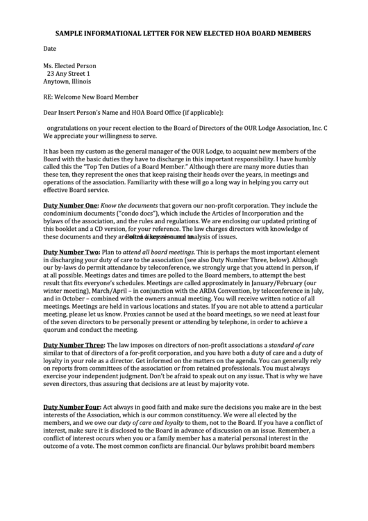 Sample Informational Letter Template For New Elected Hoa Board Members