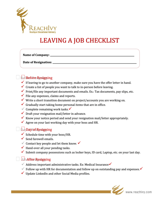 Leaving A Job Checklist Printable pdf