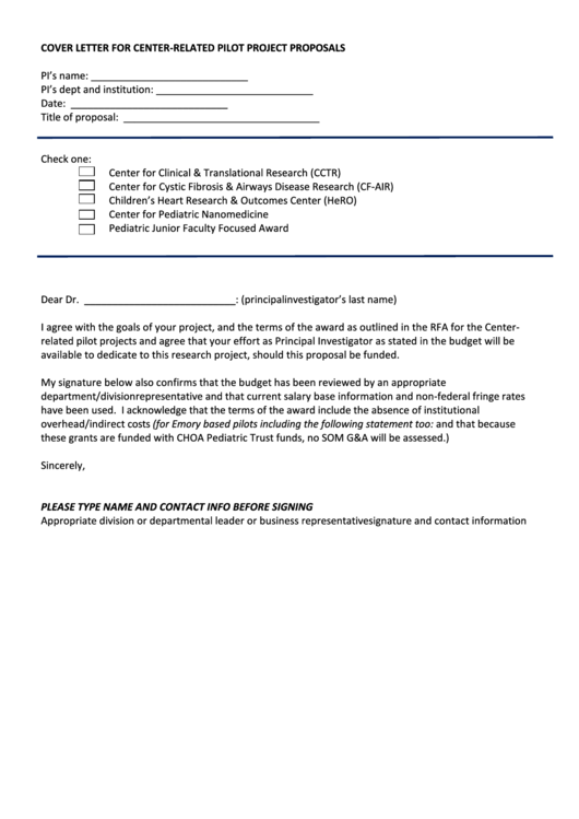 Cover Letter For Center-Related Pilot Project Proposals Printable pdf