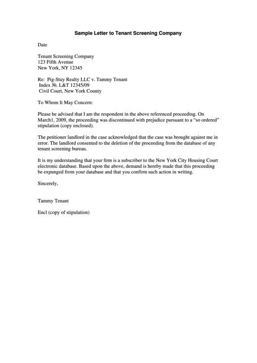 Sample Letter To Tenant Screening Company Printable pdf