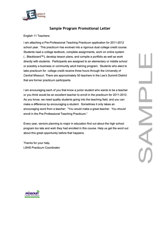 Sample Program Promotional Letter Template Printable pdf