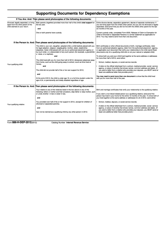 Form 886-H-Dep-2012 Supporting Documents For Dependency Exemptions Printable pdf