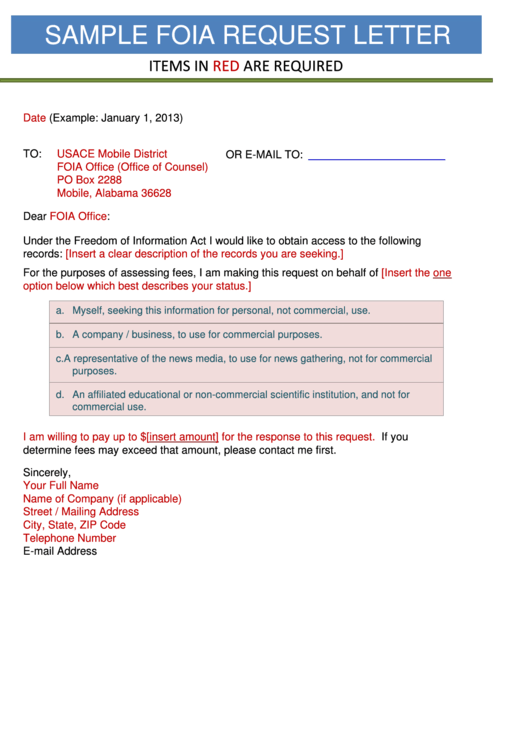 Sample Foia Request Letter Template Printable pdf