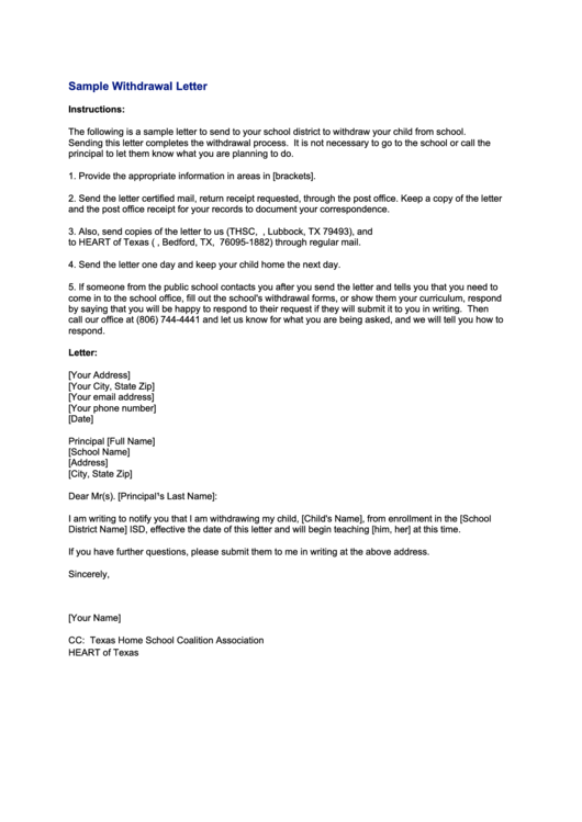 Sample School Withdrawal Letter Template Printable Pdf Download