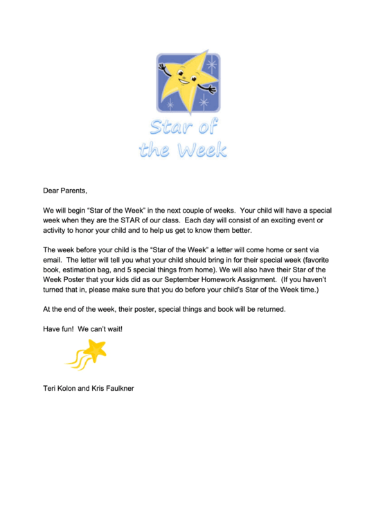 Sample Star Of The Week Letter Template