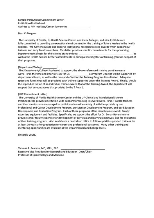 Sample Institutional Commitment Letter Printable pdf