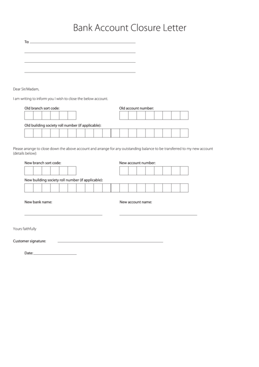 Fillable Bank Account Closure Letter Template printable pdf download