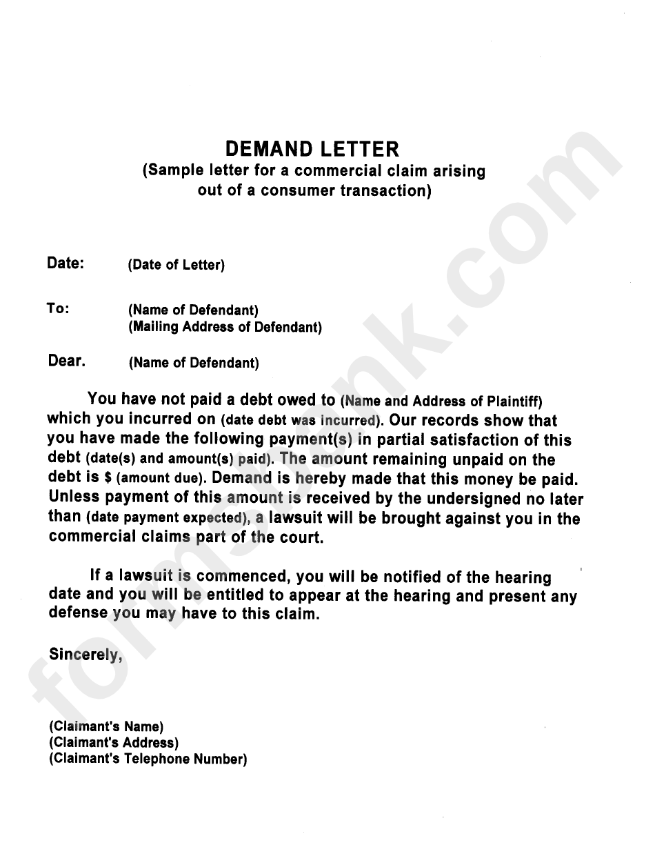 Demand Letter - Sample Letter For A Commercial Claim Arising Out Of A Consumer Transaction