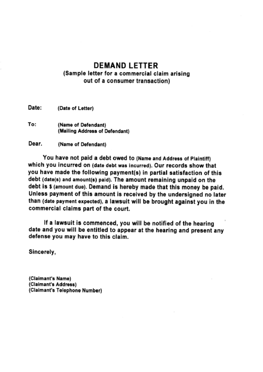 Demand Letter - Sample Letter For A Commercial Claim Arising Out Of A Consumer Transaction Printable pdf