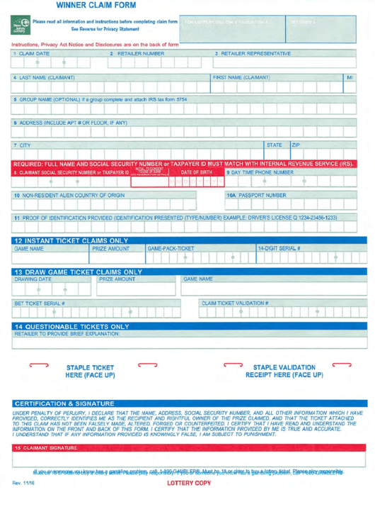Fillable Winner Claim Form - New Jersey Lottery Printable pdf