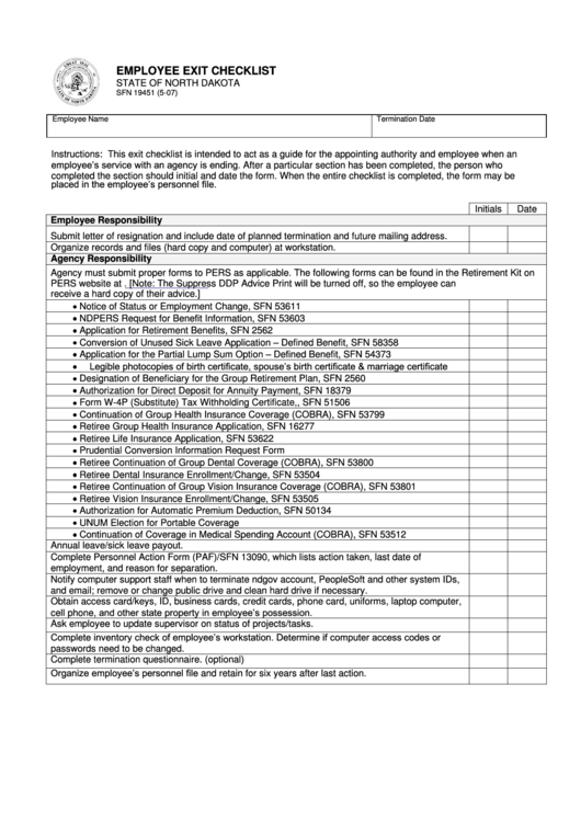 Sfn 19451 Employee Exit Checklist (State Of North Dakota) printable