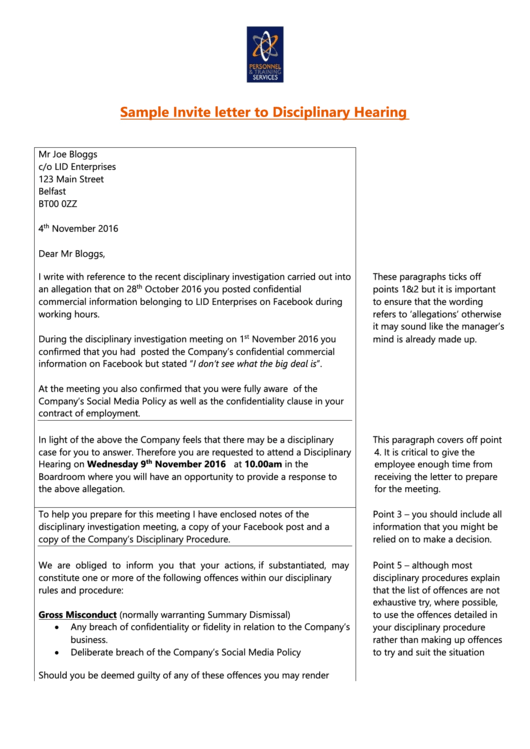 Sample Invite Letter To Disciplinary Hearing