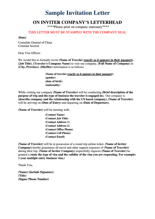 Sample Invitation Letter Printable pdf