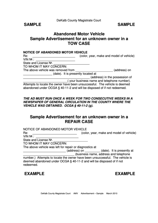 Abandoned Motor Vehicle Sample Advertisement For An Unknown Owner In A Tow Case Printable pdf