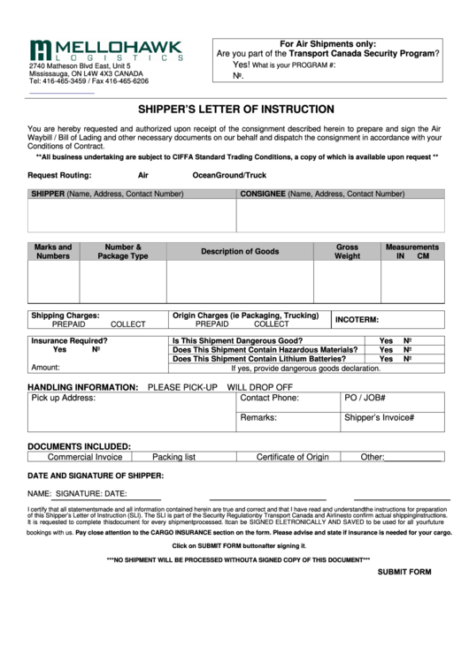 Sample Shipper'S Letter Of Instruction Template printable pdf download