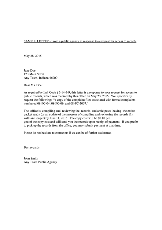 Sample Letter - From A Public Agency In Response To A Request For Access To Records Printable pdf