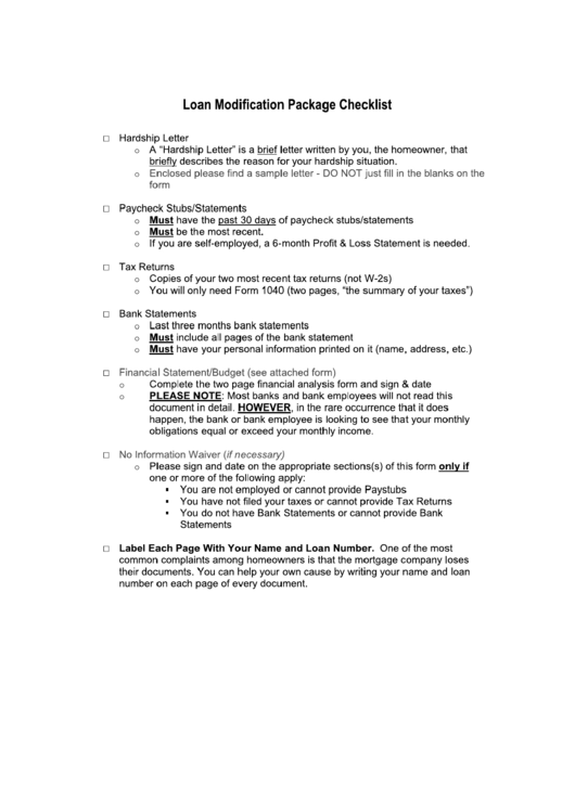 Loan Modification Package Checklist Printable pdf