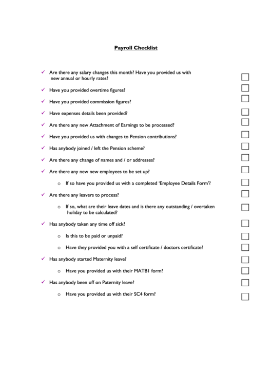 Payroll Checklist Template Printable pdf