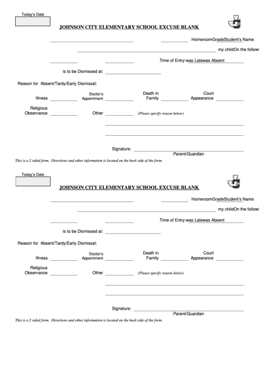 Elementary School Excuse - Blank Printable pdf