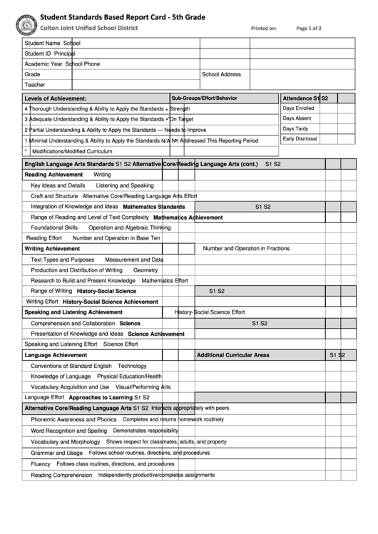 Standards Bsed Report Card - 5th Grade Printable pdf