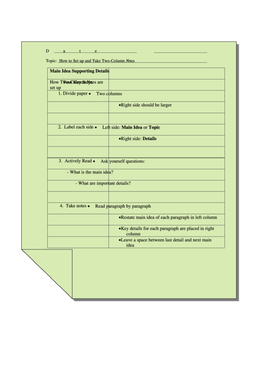 Two-Column Notes Template (Sample) Printable pdf