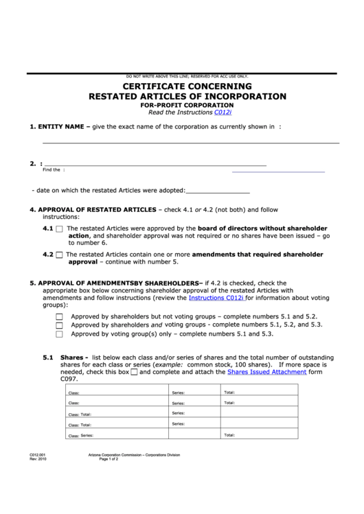Fillable Form C012.001 - Certificate Concerning Restated Articles Of Incorporation For-Profit Corporation - 2010 Printable pdf