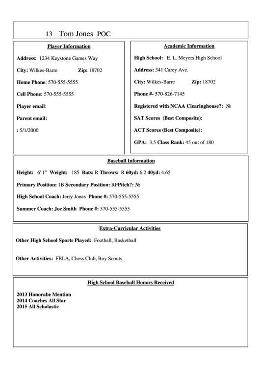 Sample Baseball Player Profile Template printable pdf download