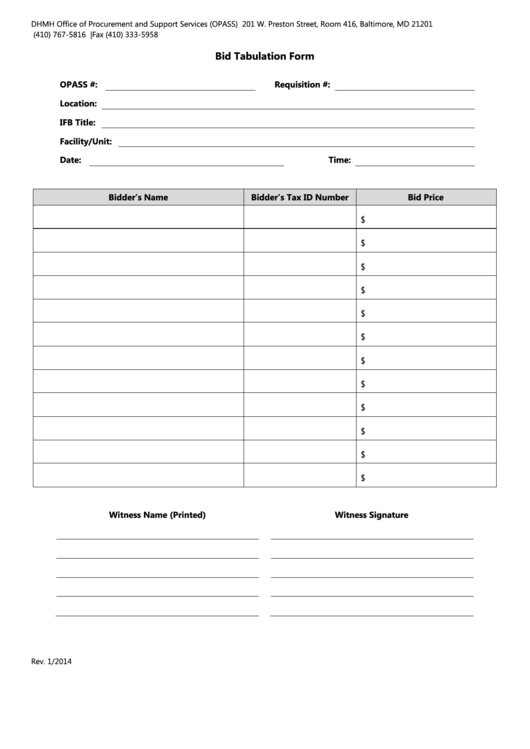 Bid Tabulation Form Printable pdf