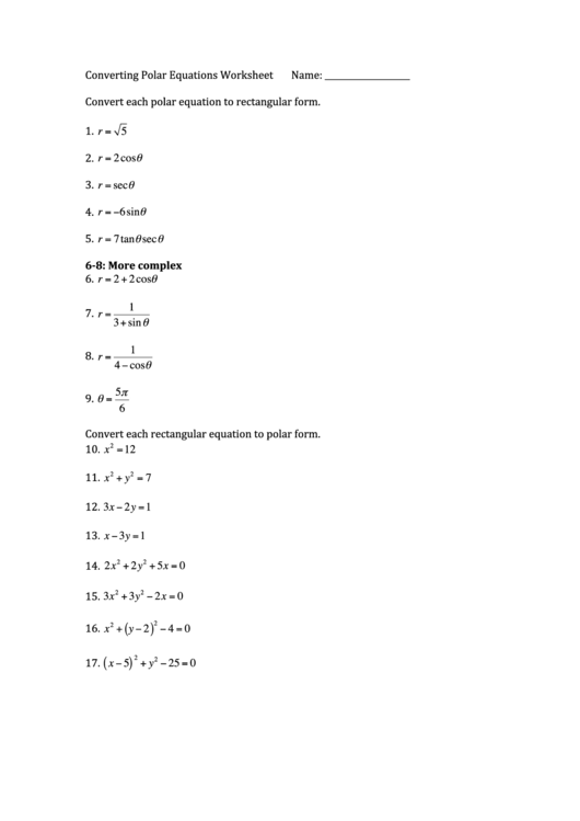 Converting Polar Equations Worksheet Printable pdf