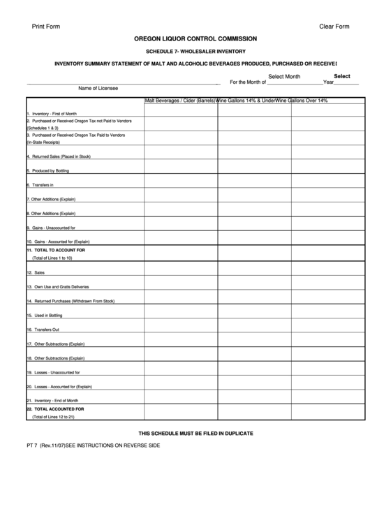 Fillable Schedule 7 - Wholesaler Inventory Printable pdf