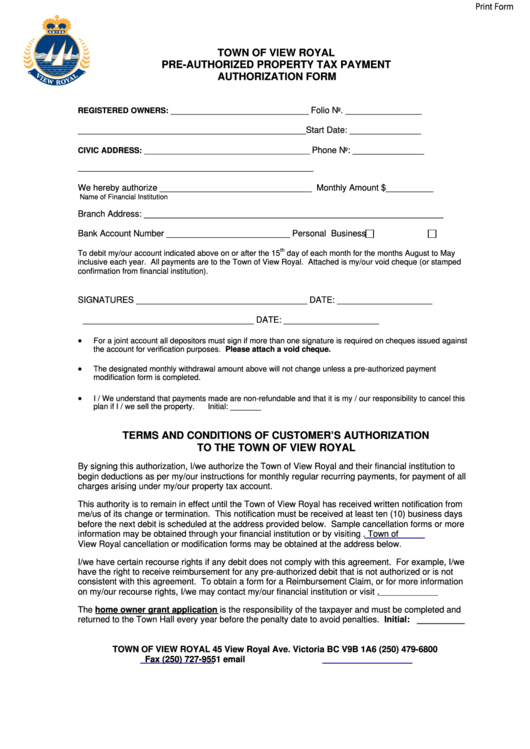 Pre-Authorized Property Tax Payment Application Form Printable pdf