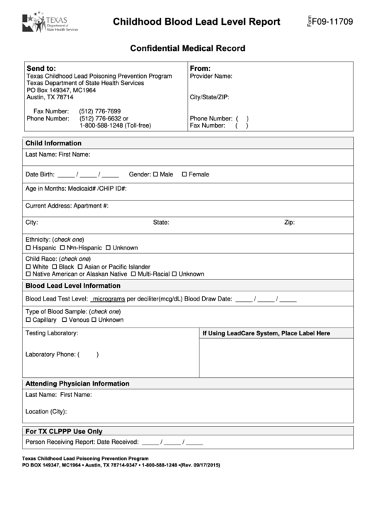 Form F09-11709 - Confidential Medical Record - Childhood Blood Lead Level Report Printable pdf