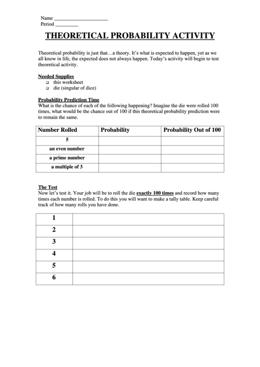 Theoretical Probability Activity Worksheet Printable pdf