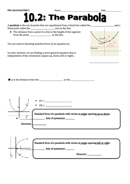 The Parabola Worksheet Template Printable pdf