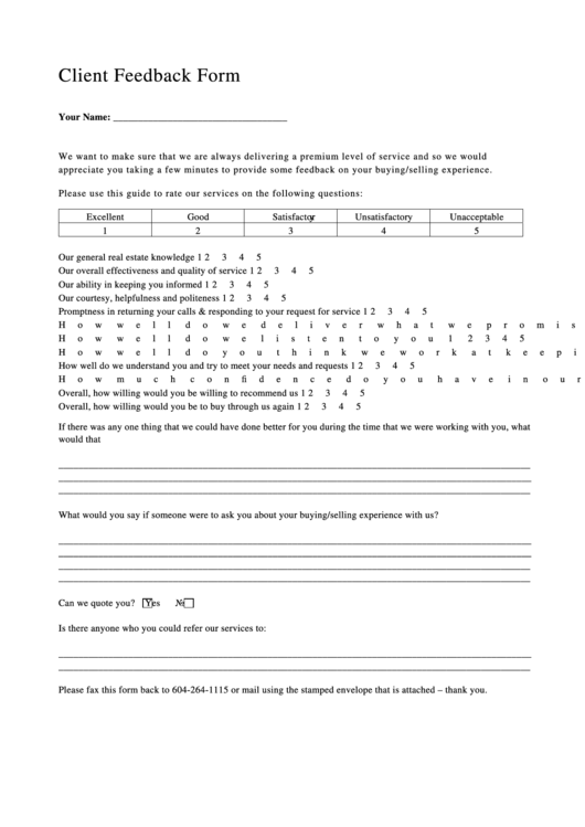 Client Feedback Form Printable pdf
