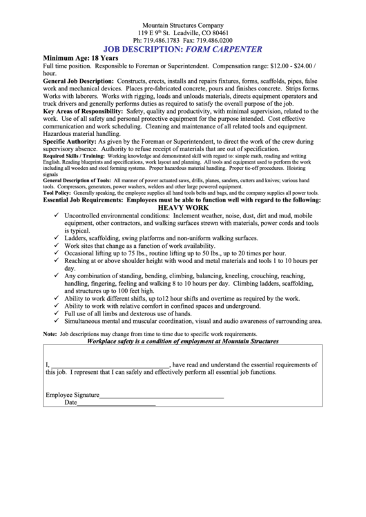 Job Description: Form Carpenter Printable pdf