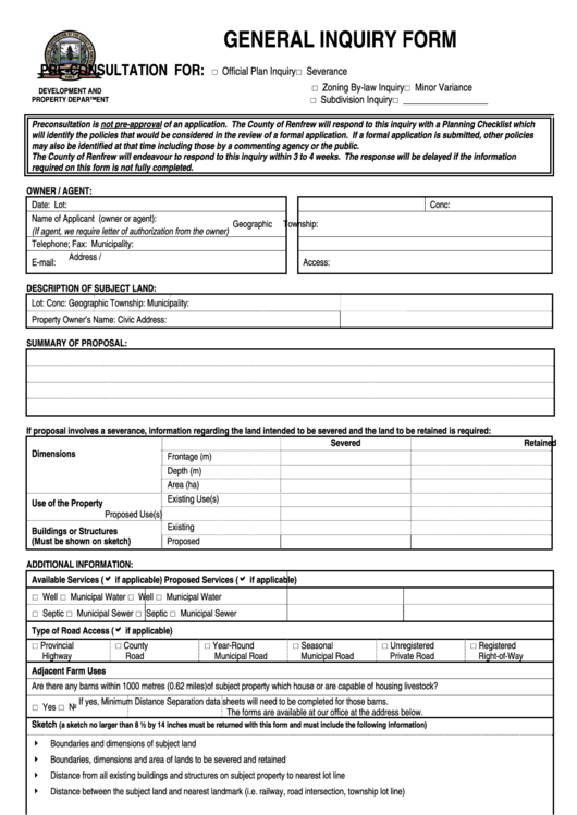 General Inquiry Form Printable pdf