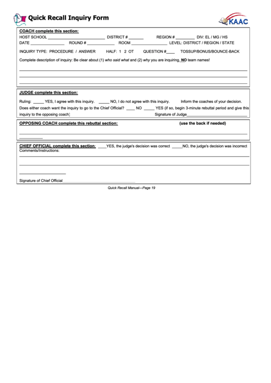 Quick Recall Inquiry Form Printable pdf