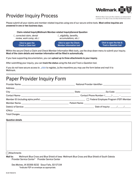 Fillable Provider Inquiry Process - Paper Provider Inquiry Form Printable pdf