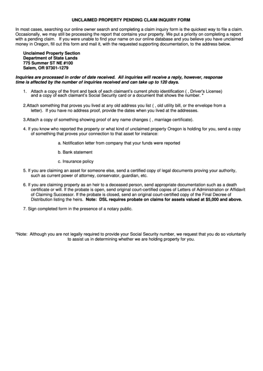 Unclaimed Property Pending Claim Inquiry Form - Oregon Department Of State Lands Printable pdf