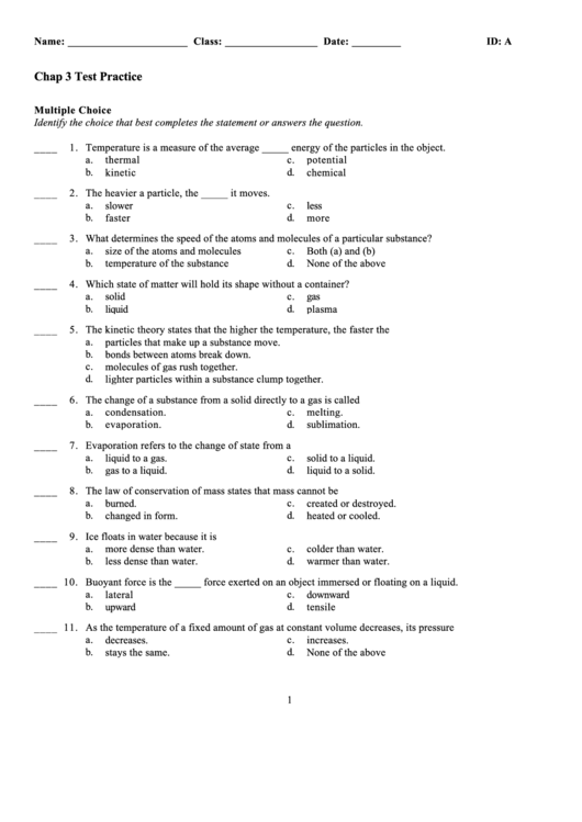 Science Practice Test Template Printable pdf