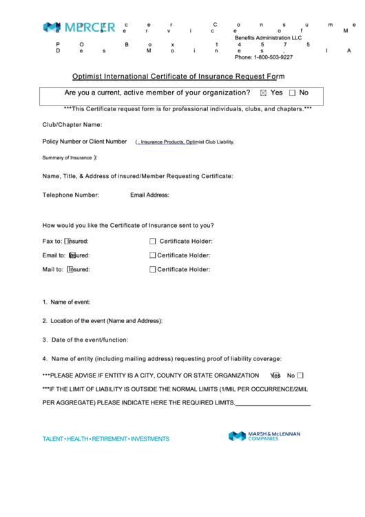 Certificate Of Insurance Request Form Template Printable pdf
