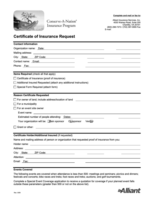 Fillable Certificate Of Insurance Request Form printable ...
