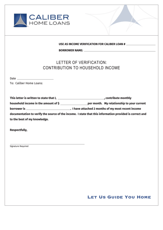 Contribution To Household Income Verification Letter Template Printable pdf
