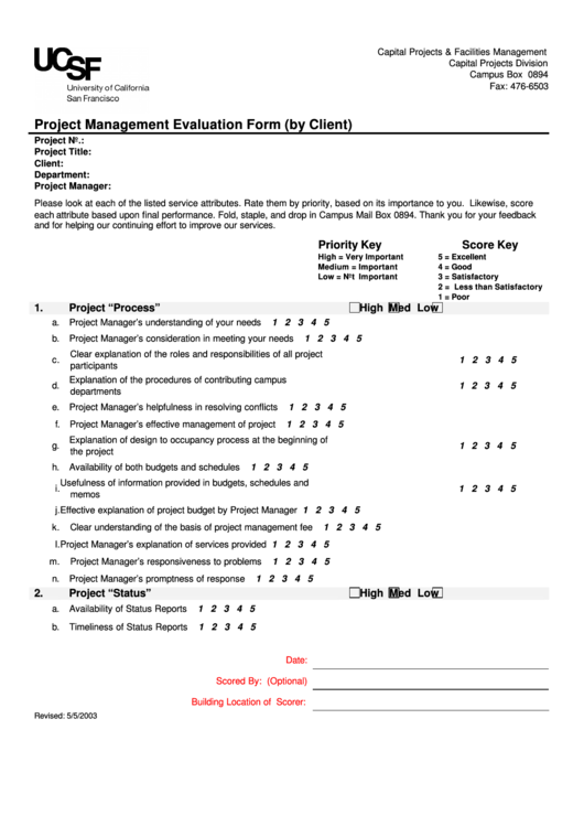 Fillable Project Management Evaluation Form (By Client) Printable pdf