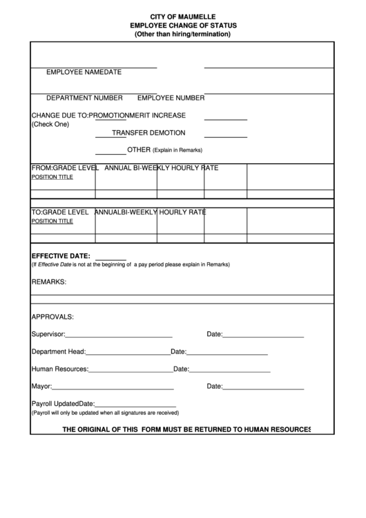 City Of Maumelle - Employee Change Of Status Printable pdf