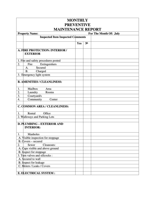 Monthly Preventive Maintenance Report Printable Pdf Download