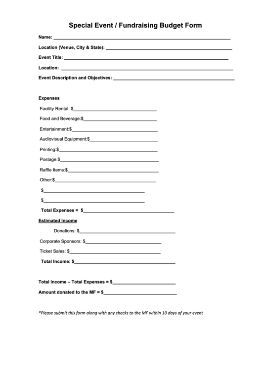 Special Event/fundraising Budget Form Printable pdf